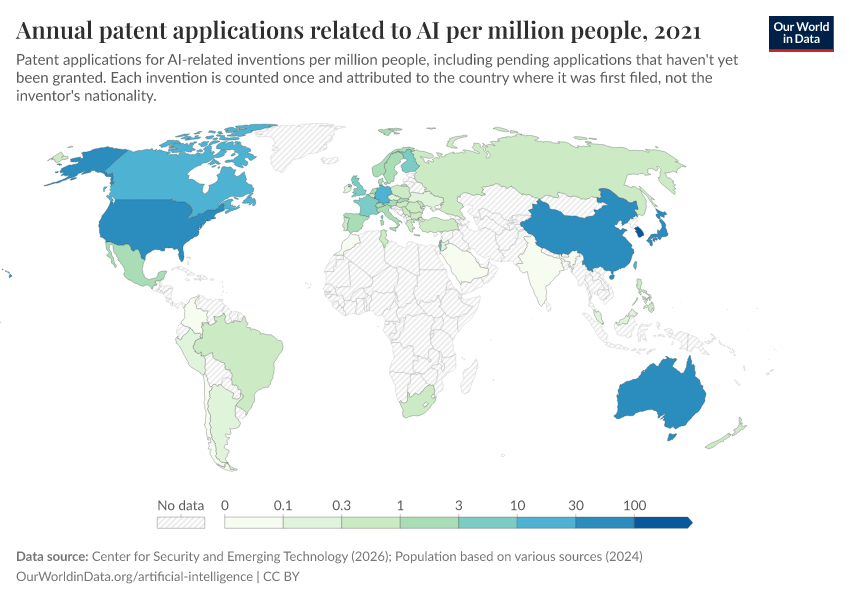 A thumbnail of the "Annual patent applications related to AI per million people" chart