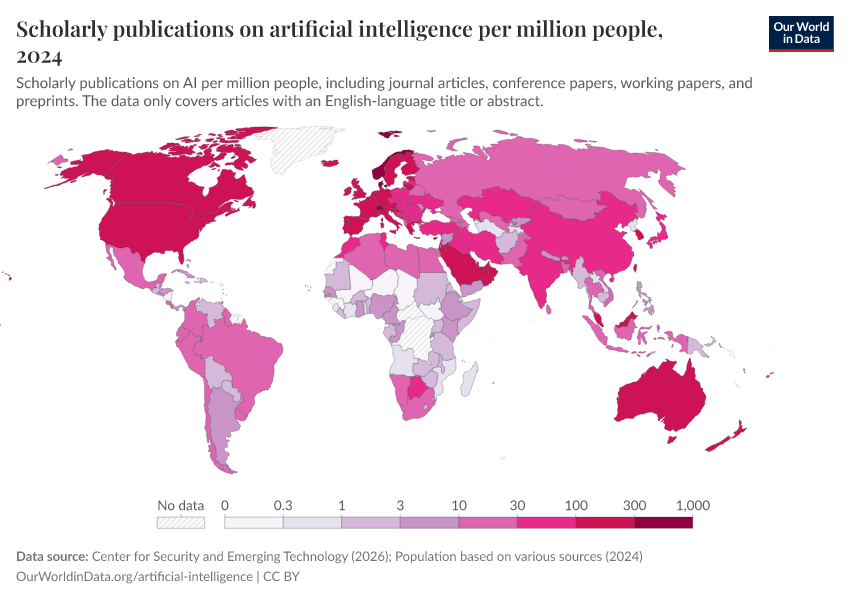 A thumbnail of the "Scholarly publications on artificial intelligence per million people" chart